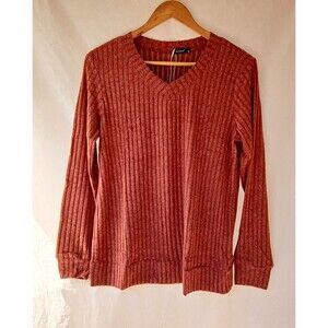 Sampeel Women's Ribbed Knit V-Neck Long Sleeve Pullover Sweater Rust M